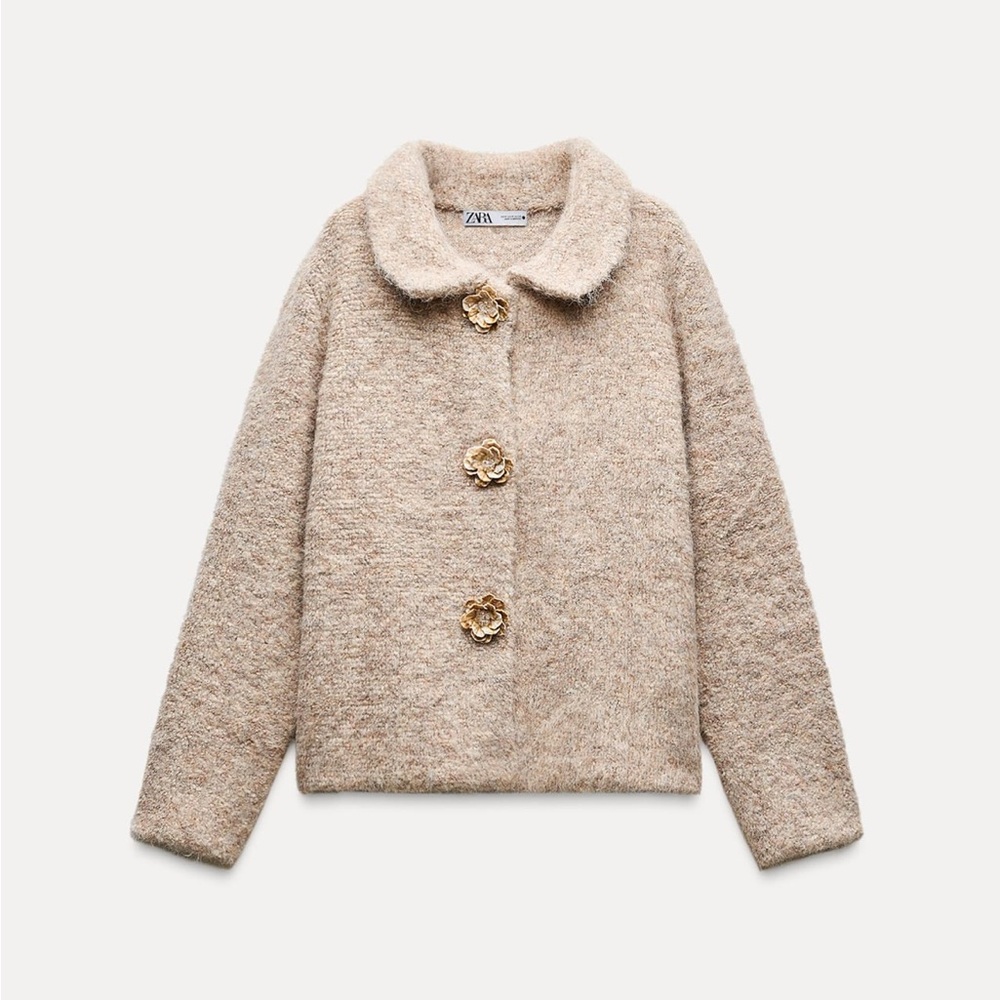 Faux fur knit cardigan with flower buttons